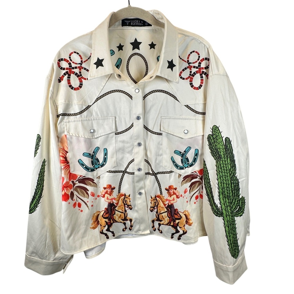 Lucky & Blessed Women Western Shirt Cream Satin Cowgirl Cactus Horse T0710 XL